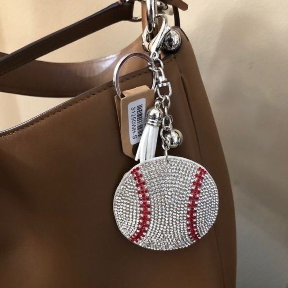 Puffed Rhinestone Baseball Key Chain Purse Charm - Picture 2 of 8